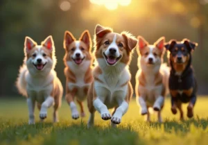 a group of dogs running in the grass with the sun shining behind them