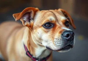 a small brown dog with a black nose and brown ears looking up at the camera