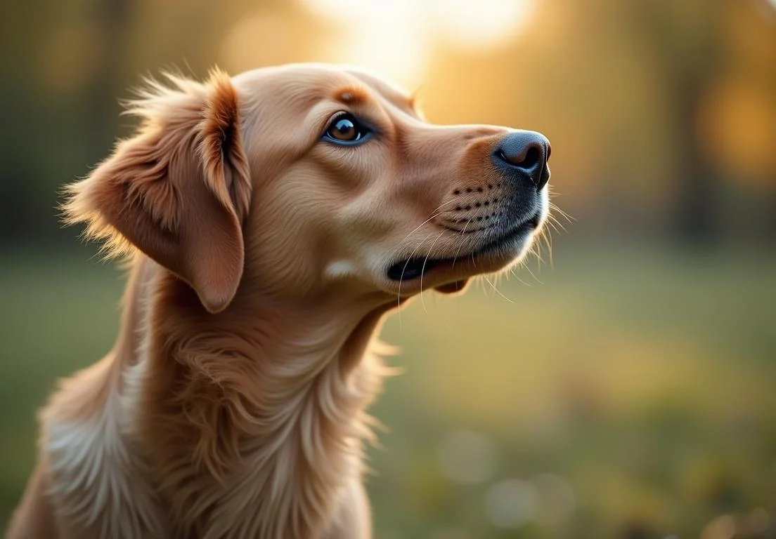 a dog looking up at the sky with its head tilted to the ground