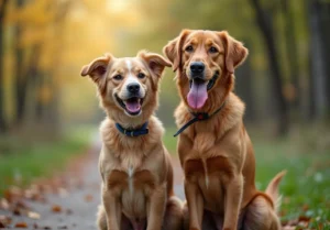 two dogs sitting on a path in the woods with their tongues open and looking at the camera