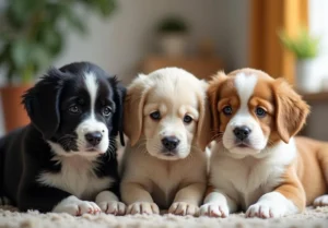 three pup are laying on the floor in front of a pot of flowers