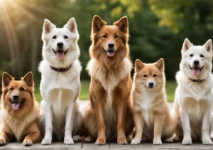 a group of dogs sitting on top of a wooden bench in the sun