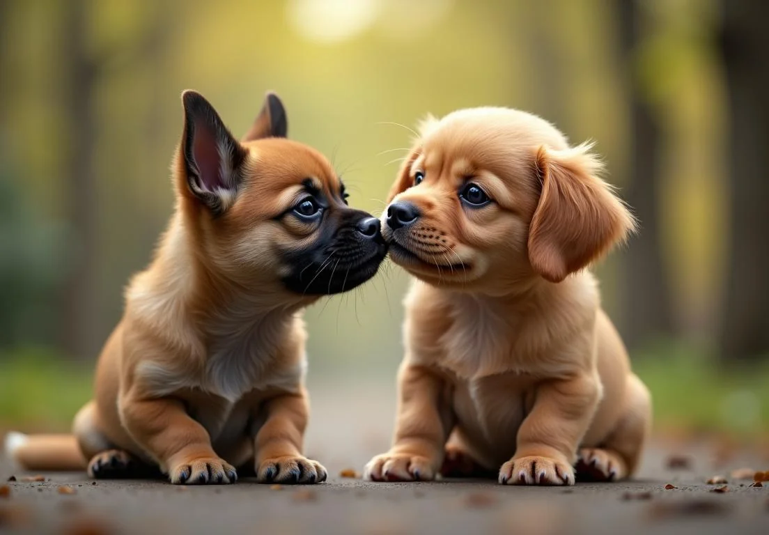 two pup playing with each other pup in a forest, one is looking at the other pup