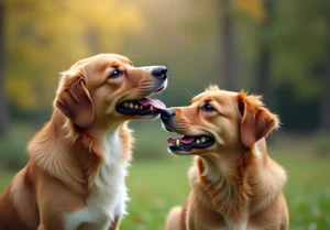 two dogs are sitting in the grass and looking at each other dogs with their mouths open