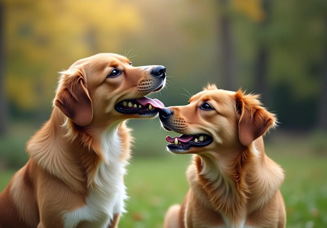 two dogs are sitting in the grass and looking at each other dogs with their mouths open