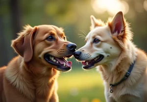 two dogs are looking at each other dogs in the same direction, one is biting the other dog's teeth