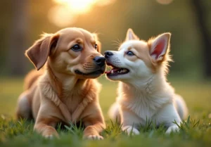 two pup playing in the grass with each other pup on the grass, looking at each other pup