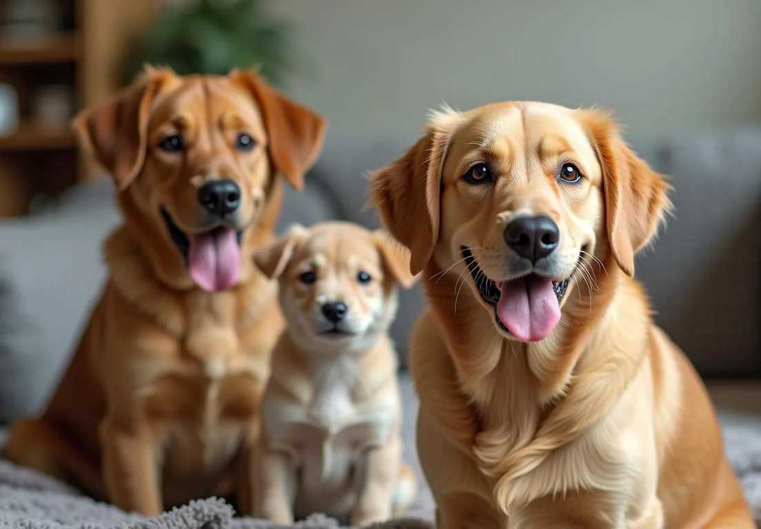 two dogs sitting on a couch with their tongues out and one is sticking its tongue out