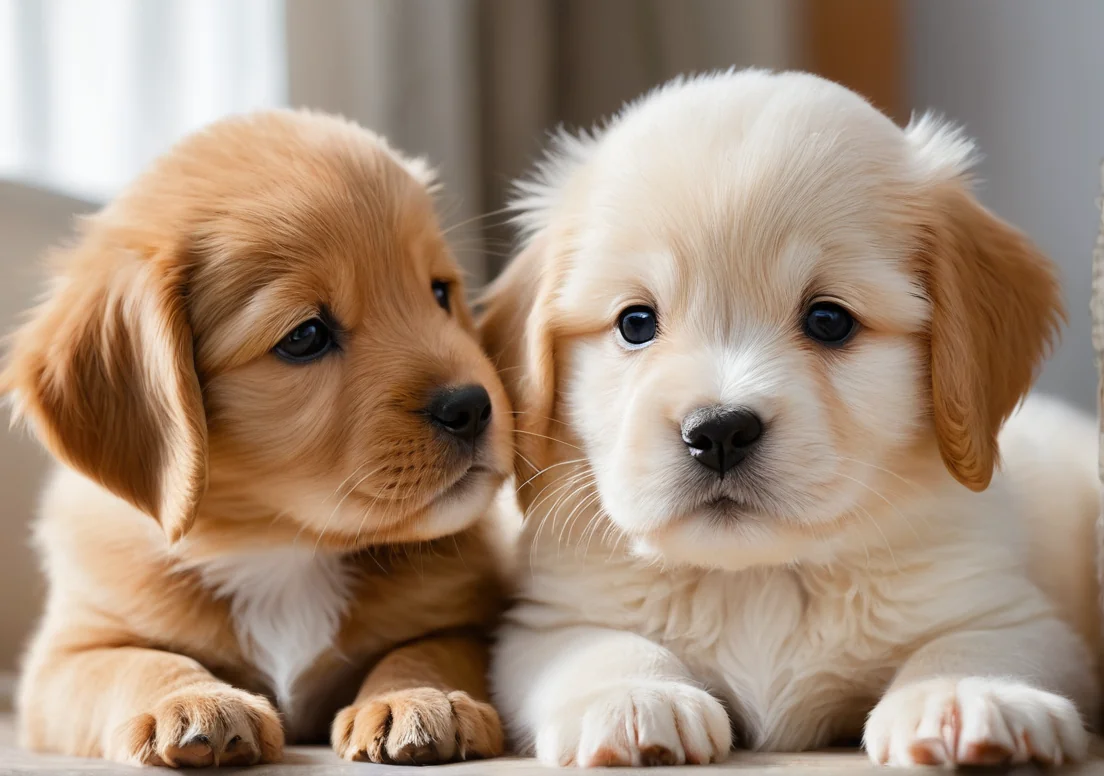 two pup are laying on the floor with one looking at the other dog