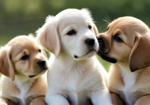 three pup are sitting in the grass and one is looking at the camera