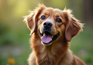 a brown dog with its tongue out looking up at the camera in a park