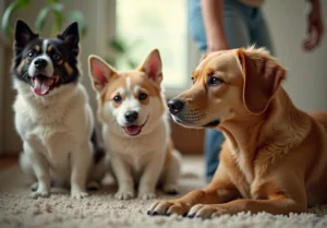 three dogs are sitting on the carpet and one is looking at the camera