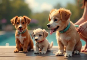 a group of pup sitting on top of a wooden floor next to a pool