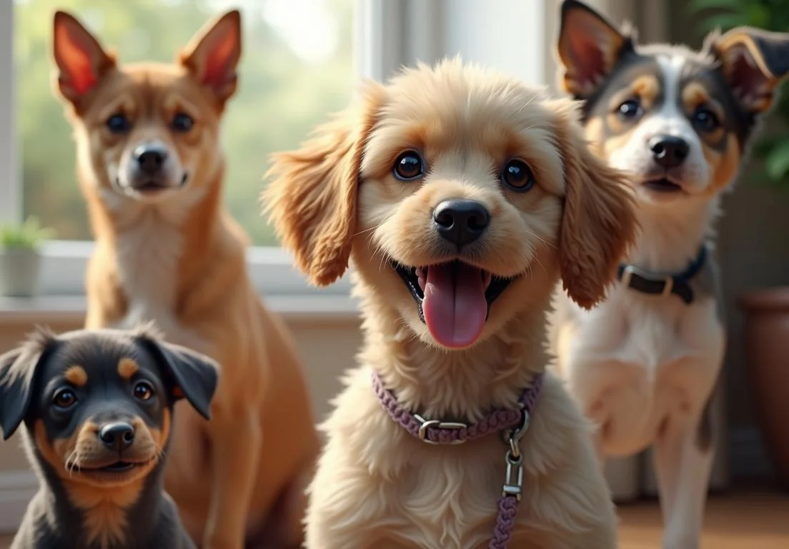 a group of dogs sitting next to each other dogs on the floor looking up at the camera