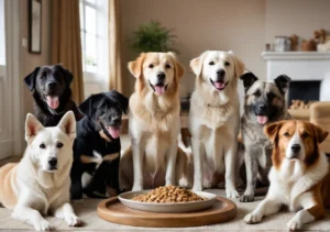 a group of dogs sitting on top of a table with a bowl of food