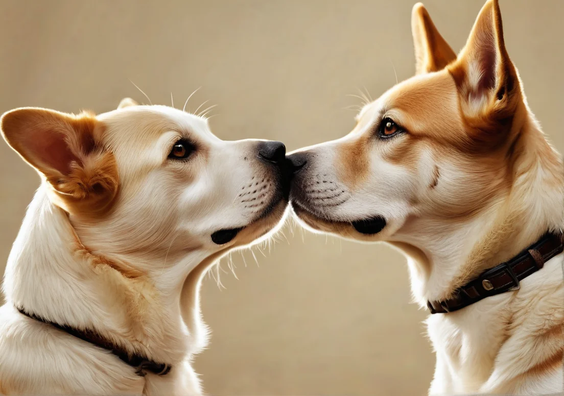 two dogs are looking at each other dogs in the same direction, with one looking at the other dog