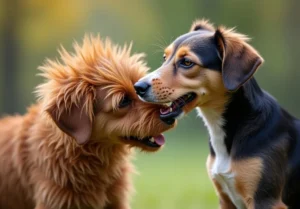 two dogs are looking at each other dogs in the same direction, one is biting the other dog's nose