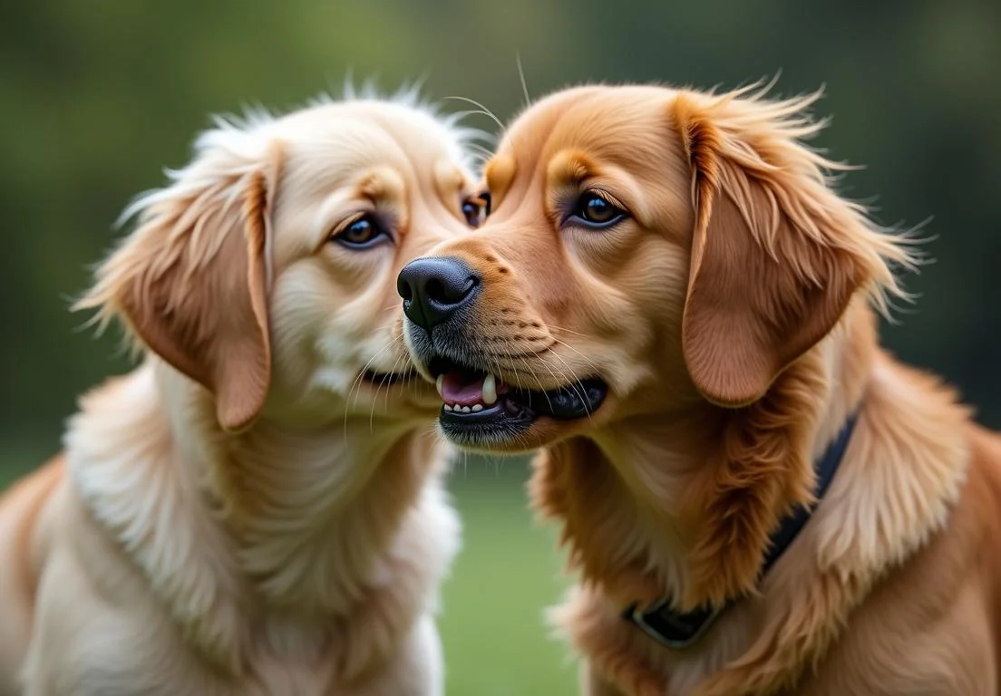 two dogs are looking at each other dogs in the same picture, one is looking at the other dog