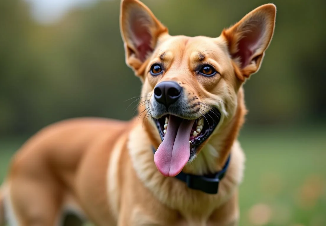 a dog standing in the grass with its tongue out and it's tongue out