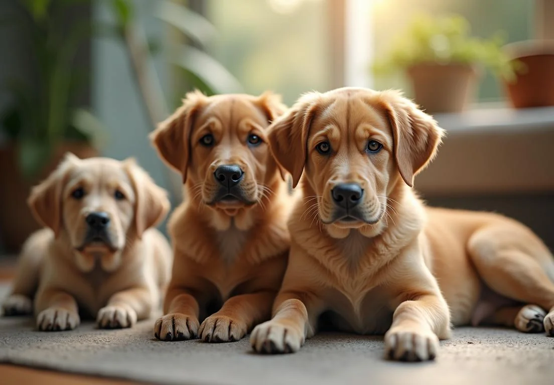 three pup are laying on the floor in front of a pot of plants