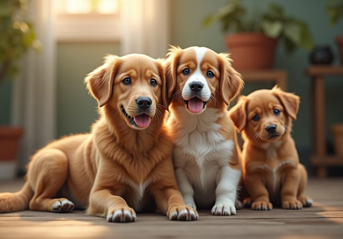 three pup are sitting on the floor in front of a potted plant