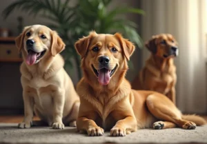 three dogs sitting on the floor in front of a couch with their mouths open