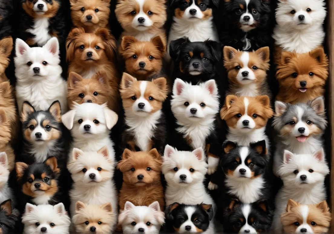 a large group of dogs sitting in a wooden crate with their heads together