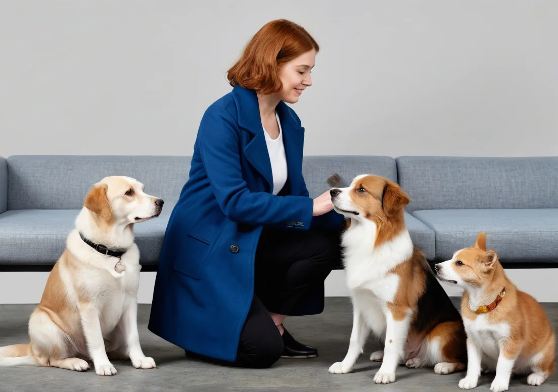 a woman sitting on a couch next to three dogs, one is wearing a blue coat and the other is