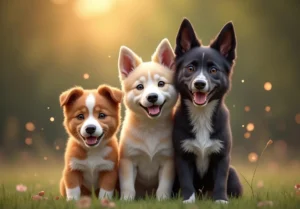 three dogs sitting in the grass, one is smiling and the other is looking at the camera