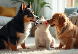 a dog and a puppy are sitting on the carpet in front of a couch