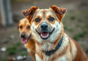 two dogs with their mouths open and one is looking up at the camera