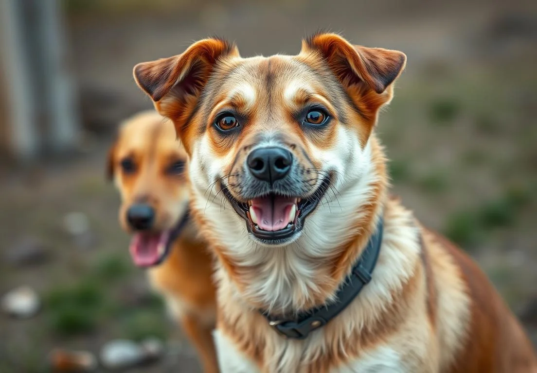 two dogs with their mouths open and one is looking up at the camera