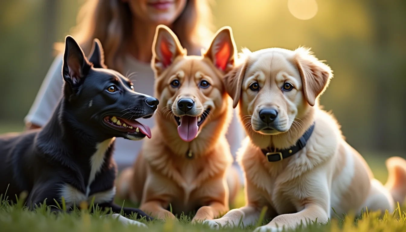 3 dogs of various colors sitting on the grass in front of girl