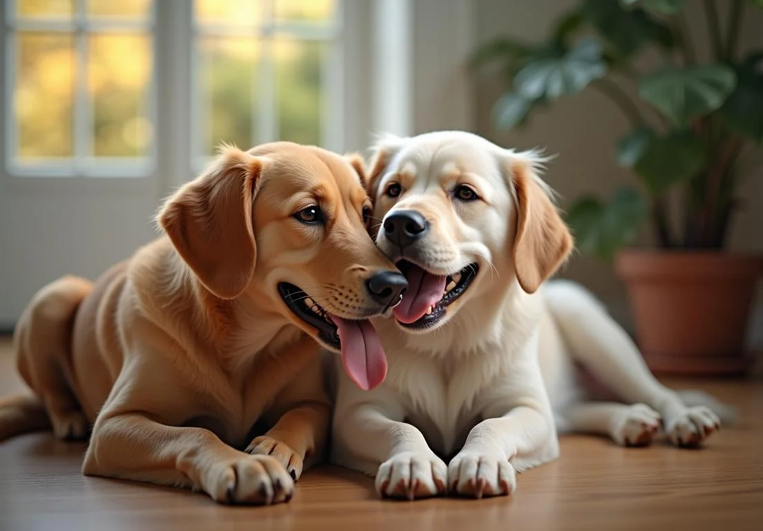 two pup laying on the floor next to each other pup are looking at each other pup