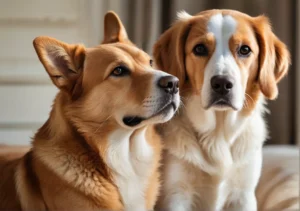 two dogs are looking at each other dog in the same picture, one is looking at the other dog