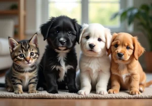 a group of pup and kittens sitting on a rug in front of a window