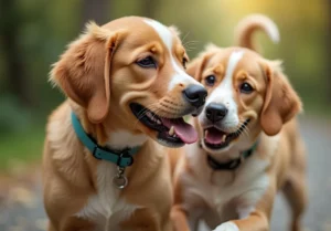 two dogs are standing together in the woods, one is looking up at the other dog