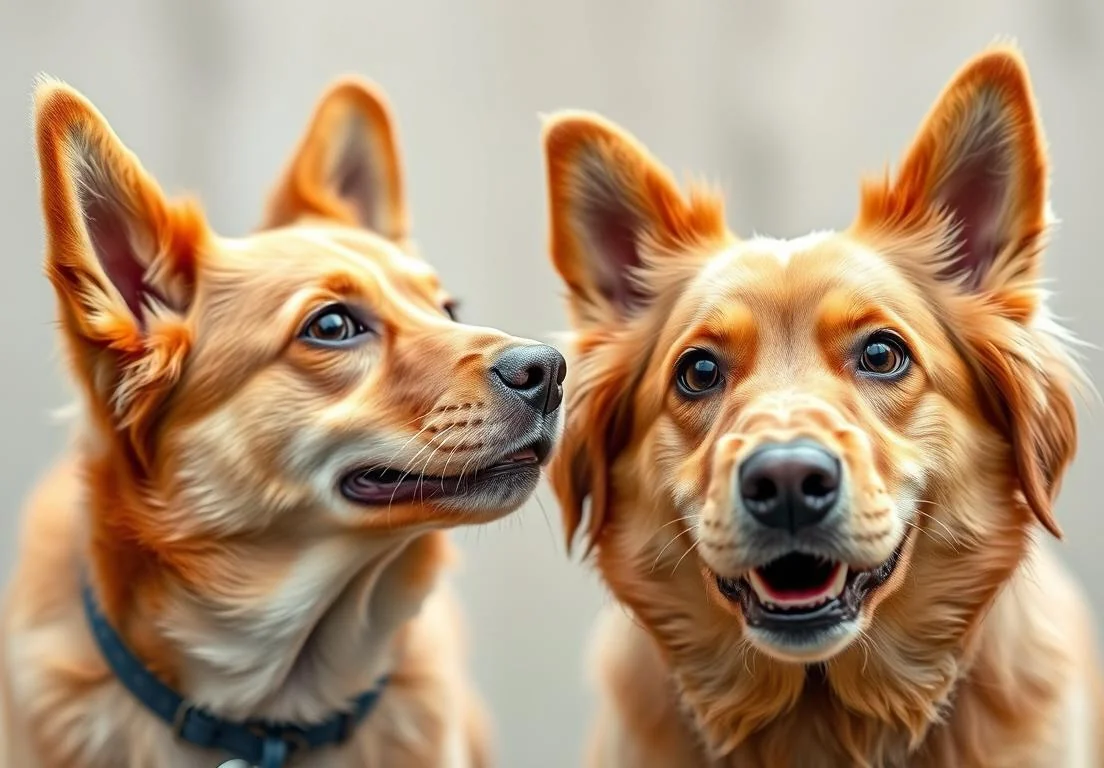 two dogs looking up at the camera with their eyes open and one looking at the camera