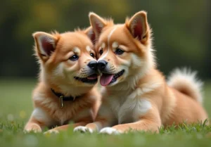 two small dogs laying in the grass with their mouths open and looking at the camera