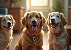 three dogs sitting on the floor in front of a computer monitor and looking up at the camera
