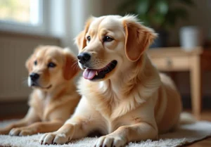 two dogs laying on a rug in front of a window looking at the camera