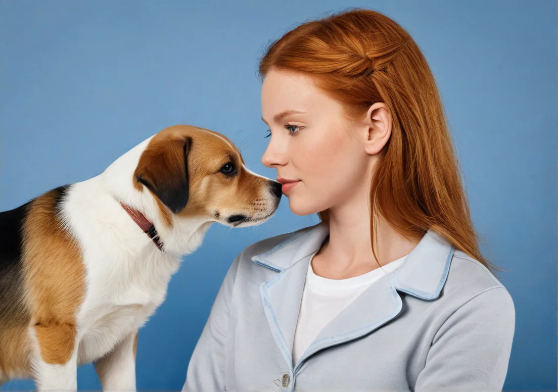 a woman is kissing her dog with a blue wall behind her she is wearing a light blue shirt