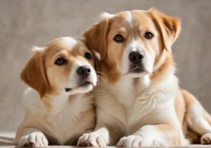 two dogs laying on top of each other dogs, looking at the camera