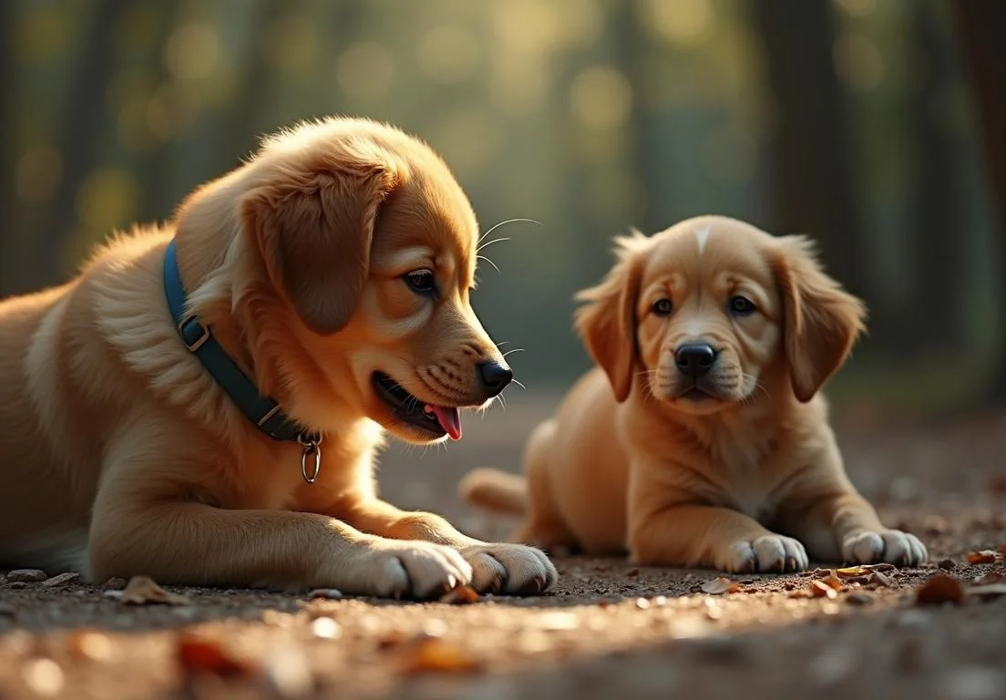 two pup laying on the ground in the woods, one is looking at the other