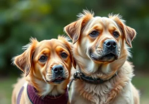 two dogs are looking at the camera with their heads tilted to the camera