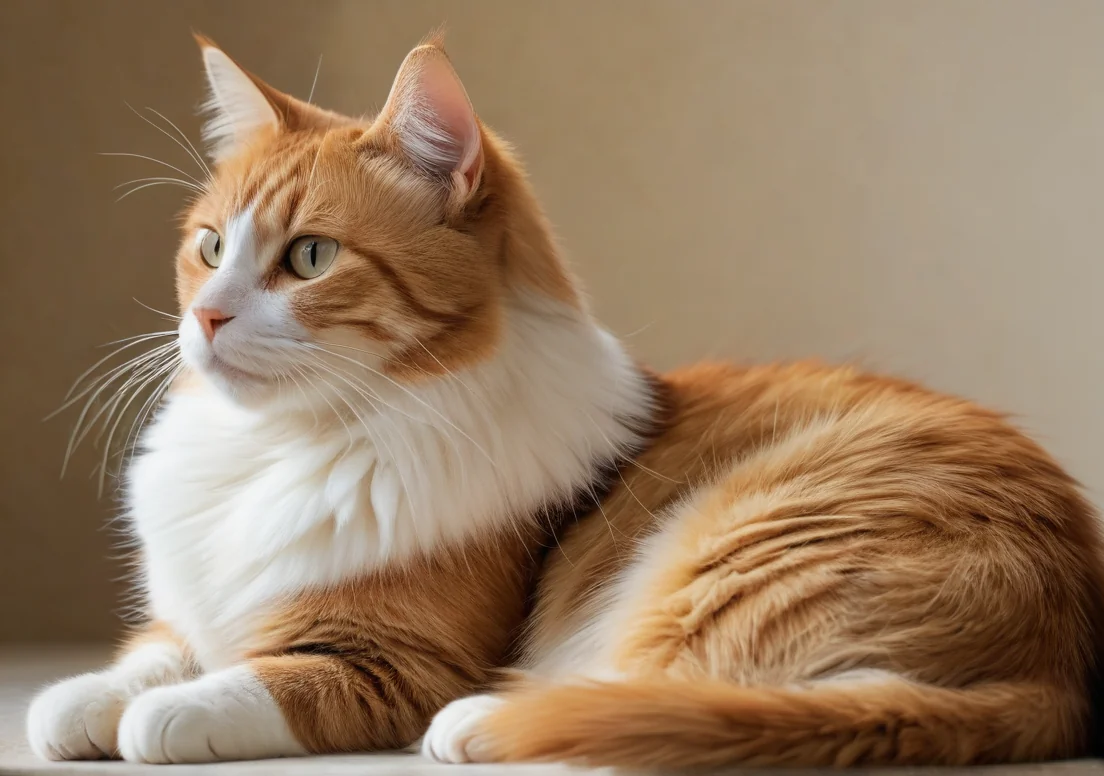 an orange and white cat laying down on the floor with its eyes closed