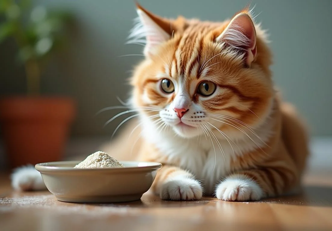 an orange and w hite cat lying next to the feeding bowl