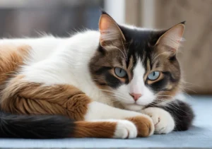 a cat laying on top of a blue rug next to a window with its eyes closed