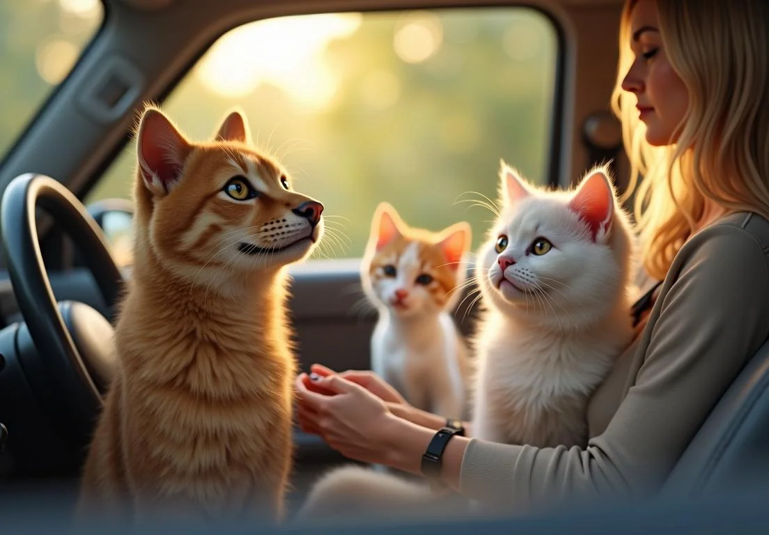 a woman is sitting in the driver's seat with two kittens