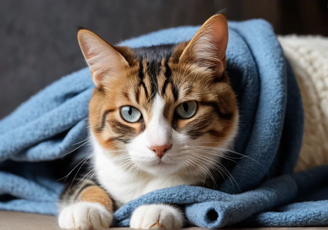 a cat laying on top of a blue blanket next to a black wall